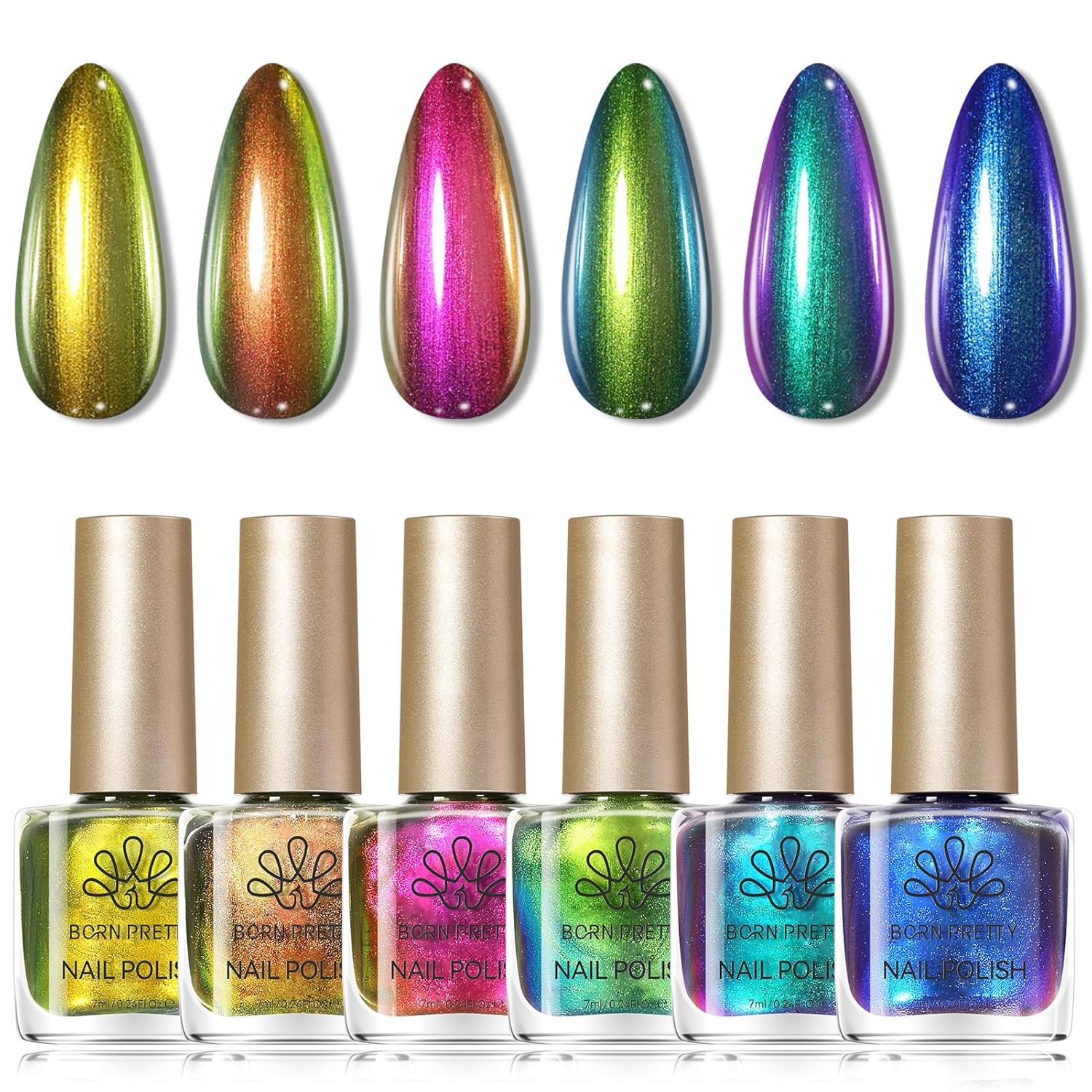 Born Pretty Chameleon Nail Polish Set, 6 Colors Chrome Holographic Metallic Glitter Quick Dry Nail Lacquer Kit Long Lasting DIY Fingernail Art Home Salon Valentines Gifts for Women Girls