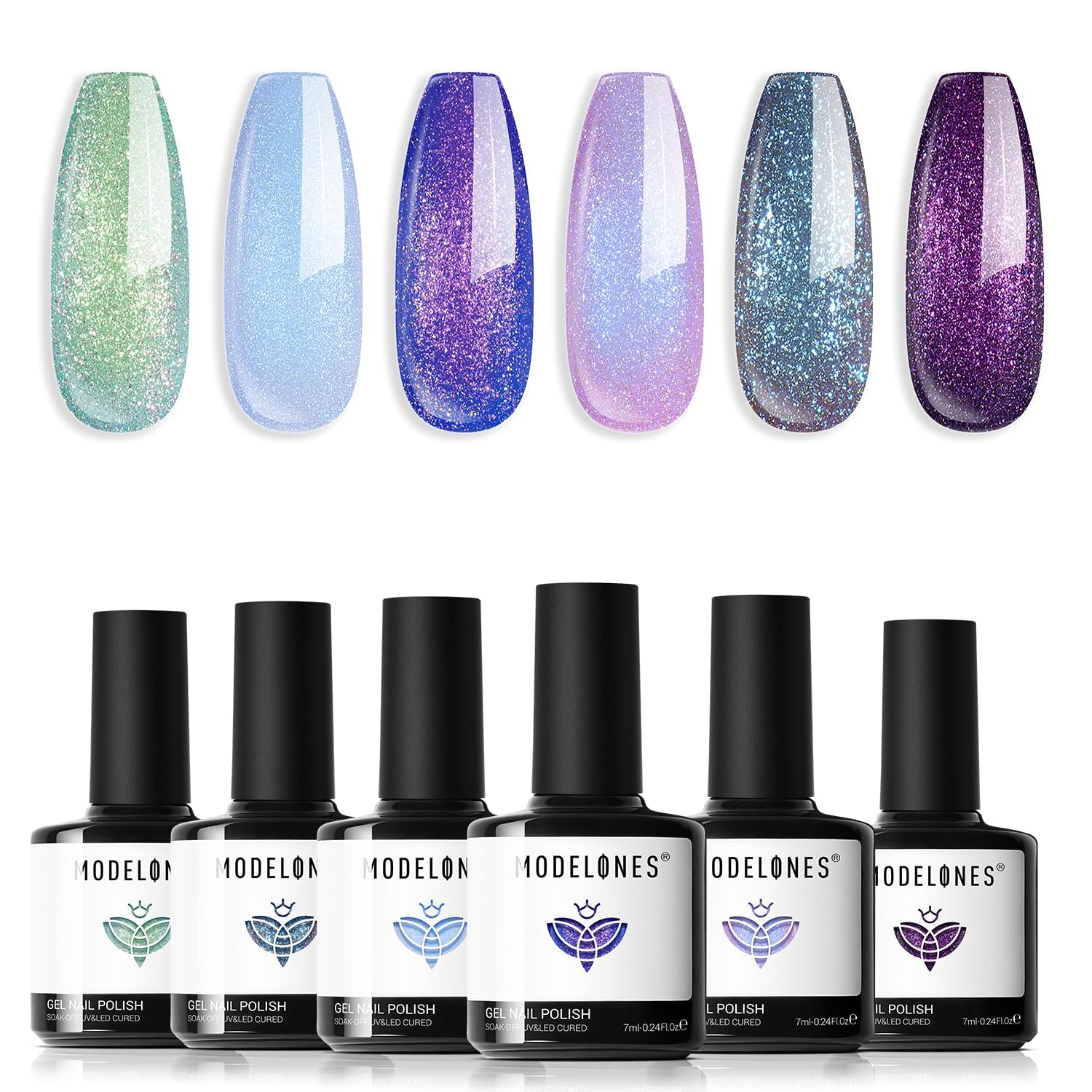 modelones Gel Nail Polish Set- 6 Colors 2026 Chameleon Aurora Shimmer Glitter Gel Polish Kit Blue Green Purple Nail Gel Polish Soak Off LED Nail Lamp Nail Art Gel Kit DIY Salon Gift